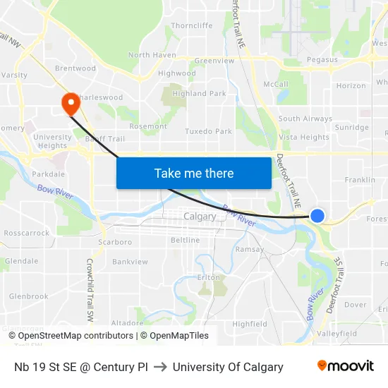 Nb 19 St SE @ Century Pl to University Of Calgary map