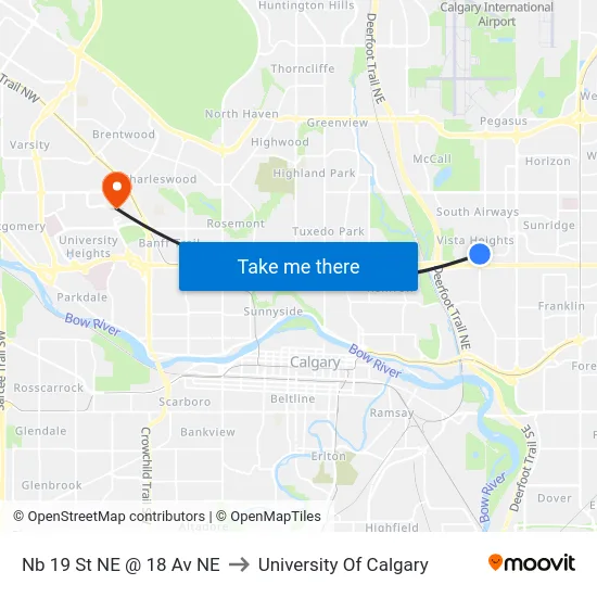 Nb 19 St NE @ 18 Av NE to University Of Calgary map
