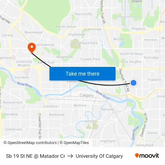 Sb 19 St NE @ Matador Cr to University Of Calgary map