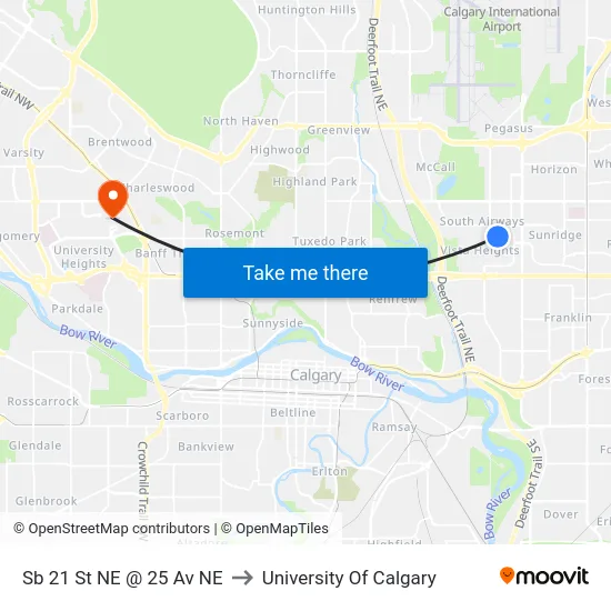 Sb 21 St NE @ 25 Av NE to University Of Calgary map