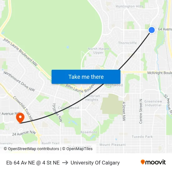 Eb 64 Av NE @ 4 St NE to University Of Calgary map