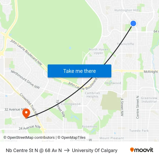 Nb Centre St N @ 68 Av N to University Of Calgary map