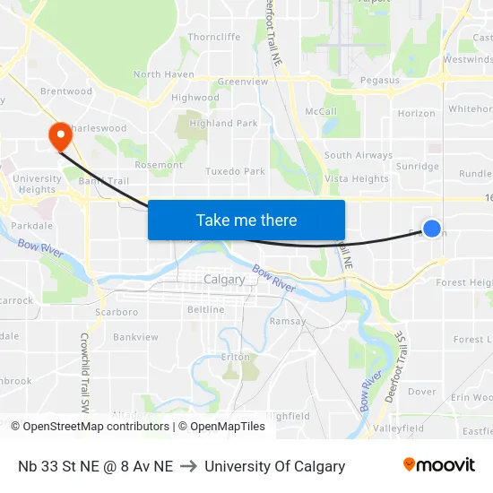 Nb 33 St NE @ 8 Av NE to University Of Calgary map