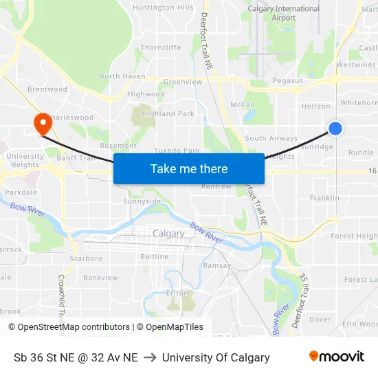Sb 36 St NE @ 32 Av NE to University Of Calgary map