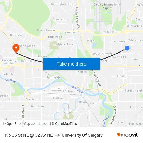 Nb 36 St NE @ 32 Av NE to University Of Calgary map