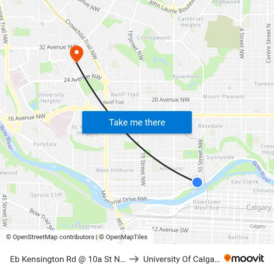Eb Kensington Rd @ 10a St NW to University Of Calgary map