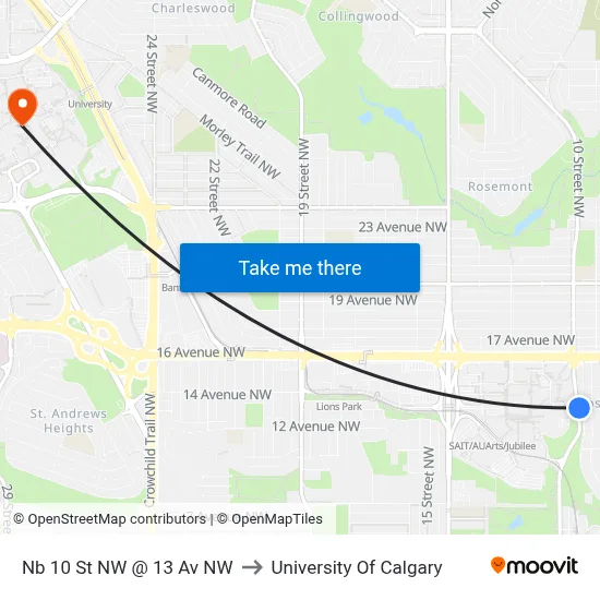 Nb 10 St NW @ 13 Av NW to University Of Calgary map