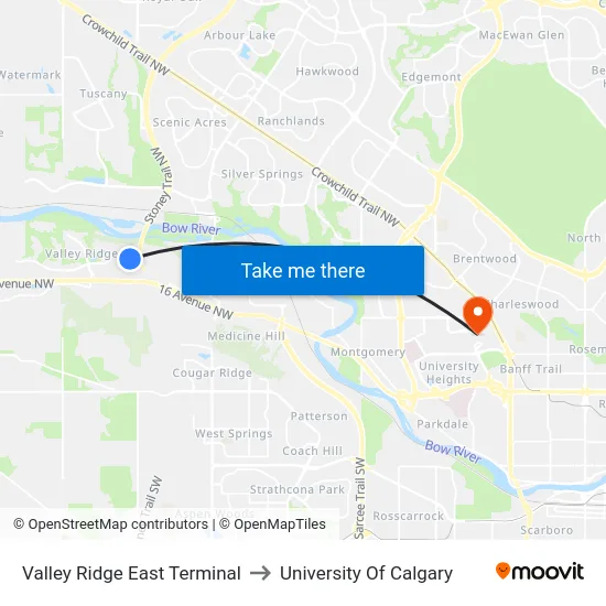 Valley Ridge East Terminal to University Of Calgary map