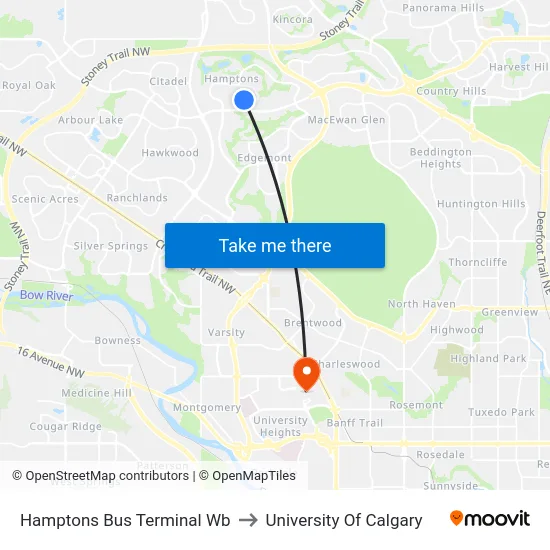 Hamptons Bus Terminal Wb to University Of Calgary map