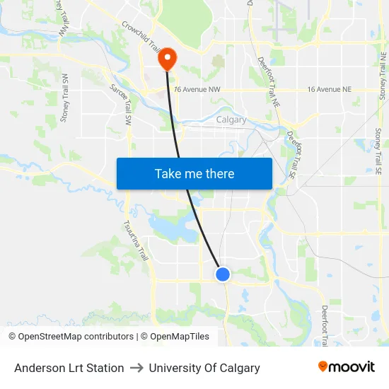 Anderson Lrt Station to University Of Calgary map