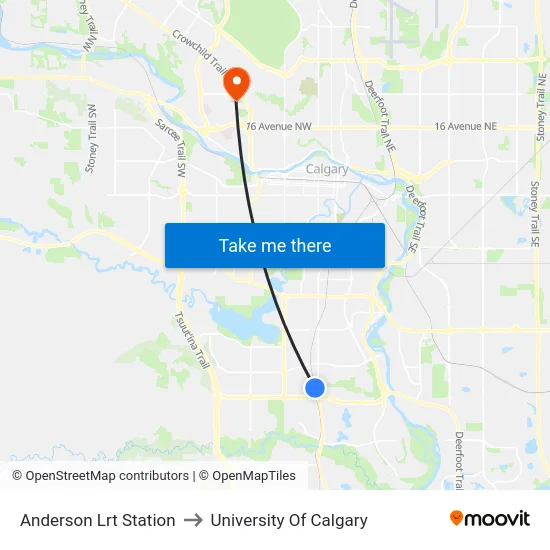 Anderson Lrt Station to University Of Calgary map