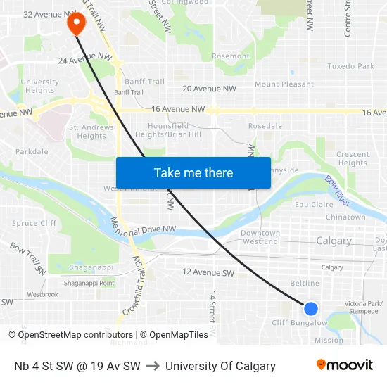 Nb 4 St SW @ 19 Av SW to University Of Calgary map