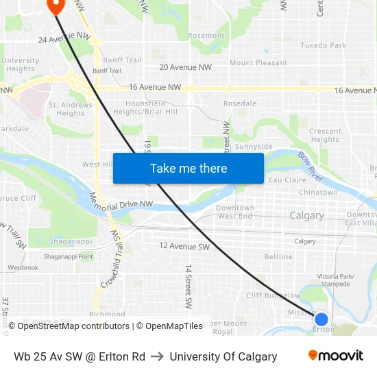 Wb 25 Av SW @ Erlton Rd to University Of Calgary map