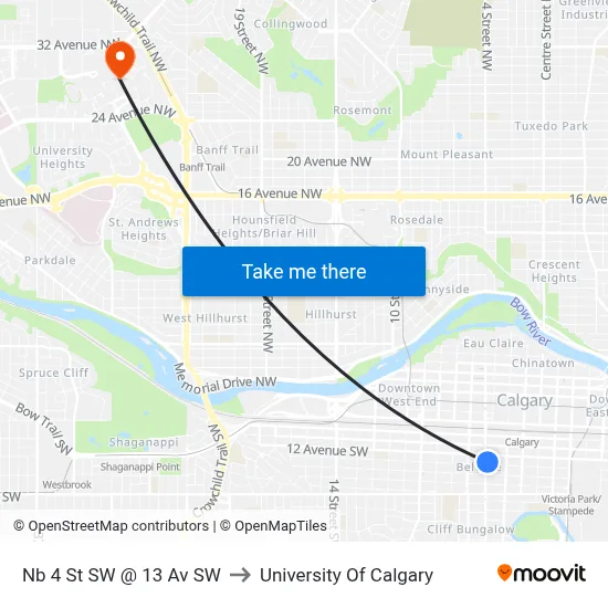 Nb 4 St SW @ 13 Av SW to University Of Calgary map