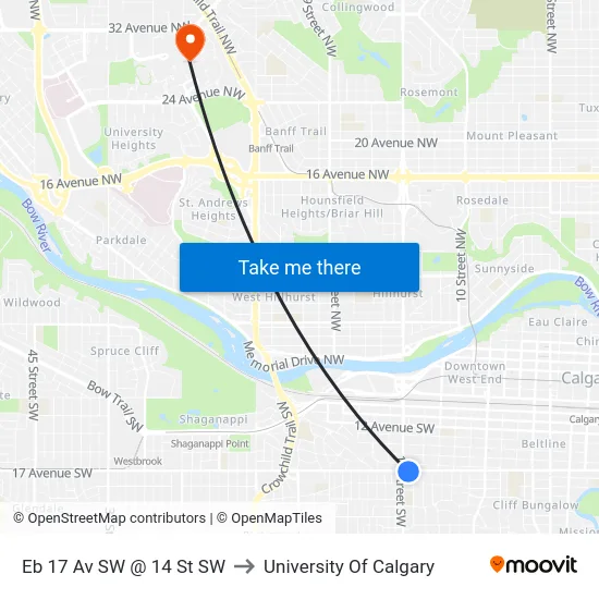 Eb 17 Av SW @ 14 St SW to University Of Calgary map