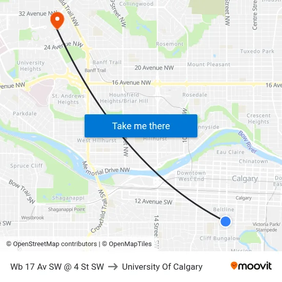 Wb 17 Av SW @ 4 St SW to University Of Calgary map