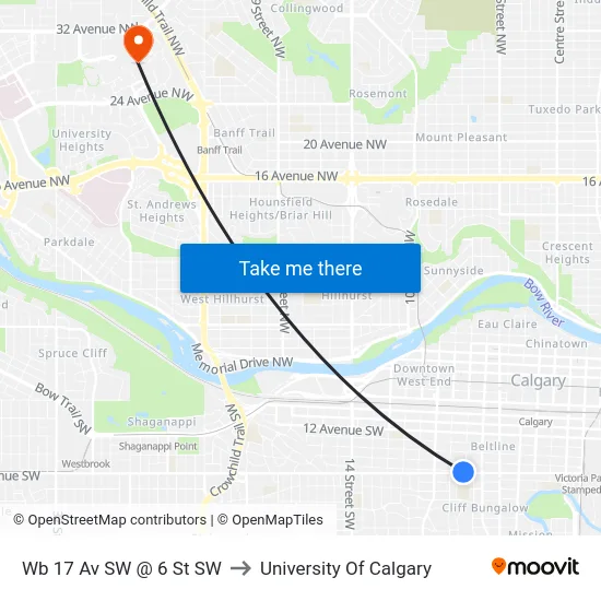 Wb 17 Av SW @ 6 St SW to University Of Calgary map