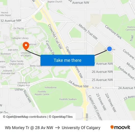 Wb Morley Tr @ 28 Av NW to University Of Calgary map