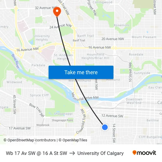 Wb 17 Av SW @ 16 A St SW to University Of Calgary map