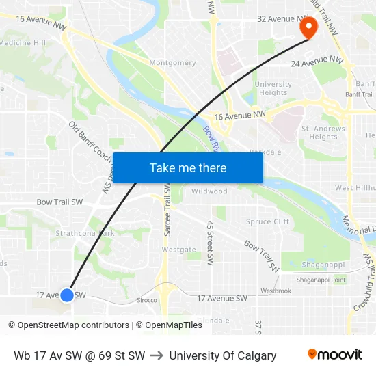 Wb 17 Av SW @ 69 St SW to University Of Calgary map