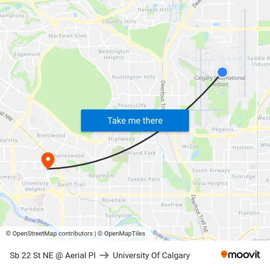 Sb 22 St NE @ Aerial Pl to University Of Calgary map