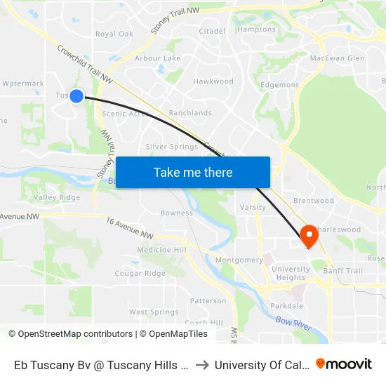 Eb Tuscany Bv @ Tuscany Hills Rd NW to University Of Calgary map