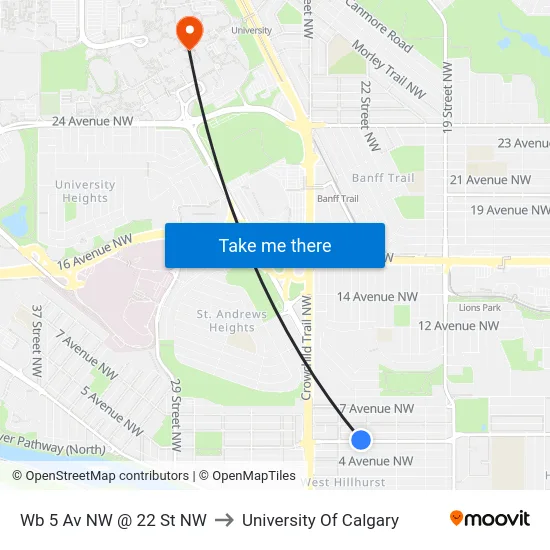 Wb 5 Av NW @ 22 St NW to University Of Calgary map