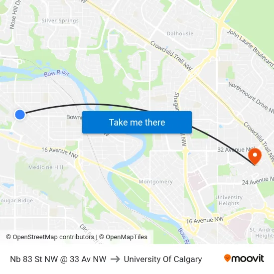 Nb 83 St NW @ 33 Av NW to University Of Calgary map