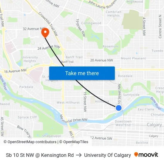 Sb 10 St NW @ Kensington Rd to University Of Calgary map