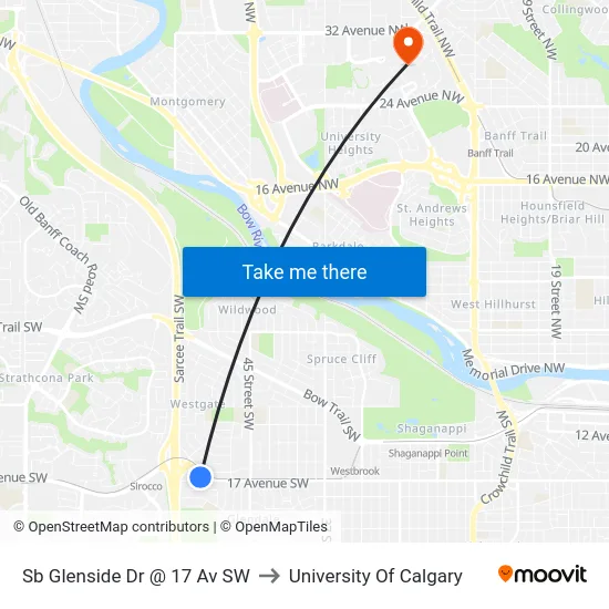 Sb Glenside Dr @ 17 Av SW to University Of Calgary map