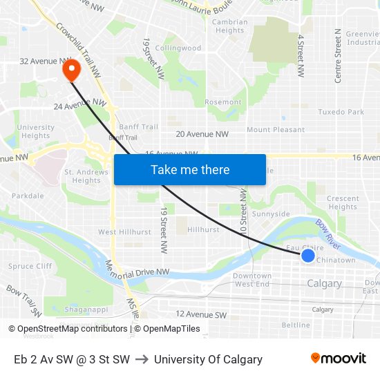 Eb 2 Av SW @ 3 St SW to University Of Calgary map