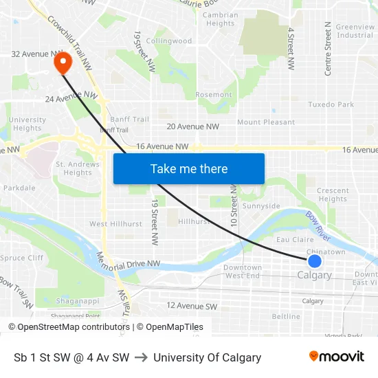 Sb 1 St SW @ 4 Av SW to University Of Calgary map