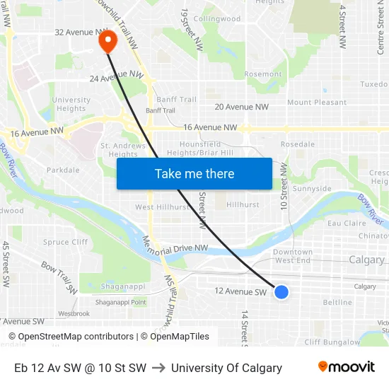Eb 12 Av SW @ 10 St SW to University Of Calgary map