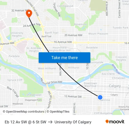 Eb 12 Av SW @ 6 St SW to University Of Calgary map