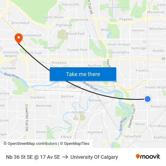 Nb 36 St SE @ 17 Av SE to University Of Calgary map