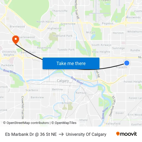 Eb Marbank Dr @ 36 St NE to University Of Calgary map