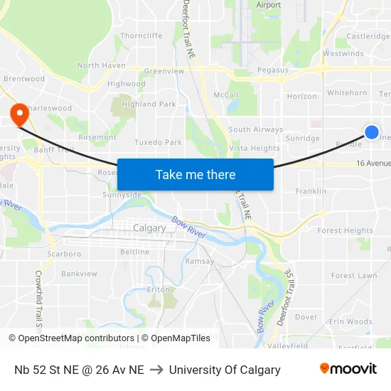 Nb 52 St NE @ 26 Av NE to University Of Calgary map