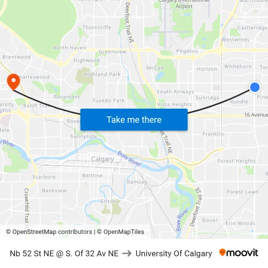 Nb 52 St NE @ S. Of 32 Av NE to University Of Calgary map