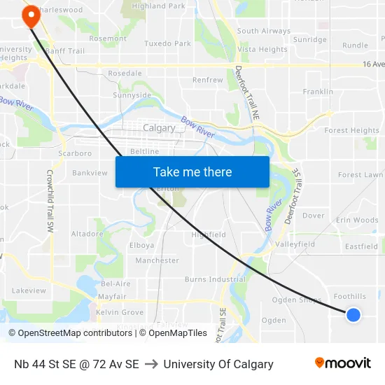 Nb 44 St SE @ 72 Av SE to University Of Calgary map