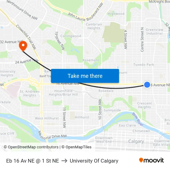 Eb 16 Av NE @ 1 St NE to University Of Calgary map