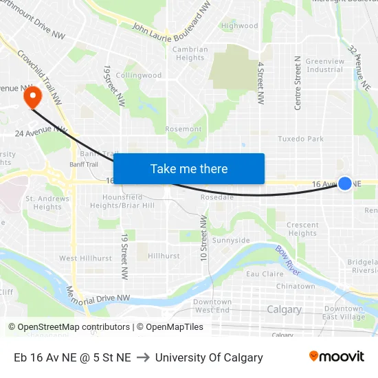 Eb 16 Av NE @ 5 St NE to University Of Calgary map