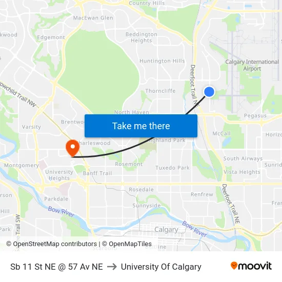 Sb 11 St NE @ 57 Av NE to University Of Calgary map
