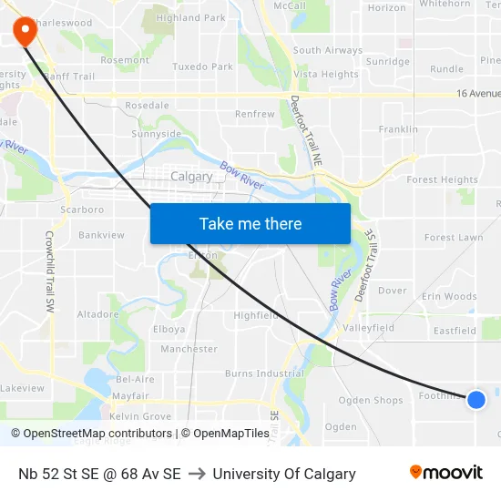 Nb 52 St SE @ 68 Av SE to University Of Calgary map