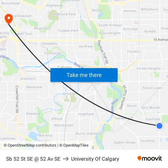 Sb 52 St SE @ 52 Av SE to University Of Calgary map