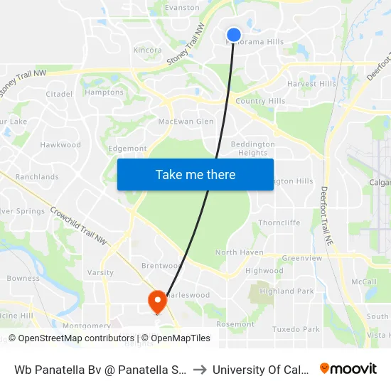 Wb Panatella Bv @ Panatella St NW to University Of Calgary map