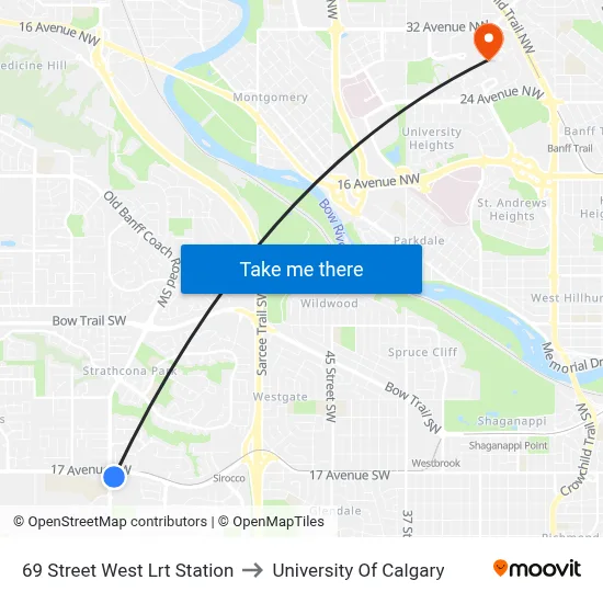 69 Street West Lrt Station to University Of Calgary map