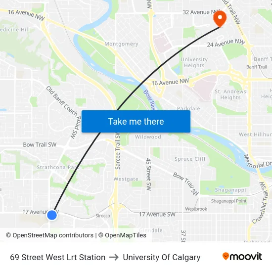69 Street West Lrt Station to University Of Calgary map
