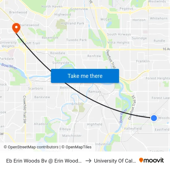 Eb Erin Woods Bv @ Erin Woods Pl SE to University Of Calgary map