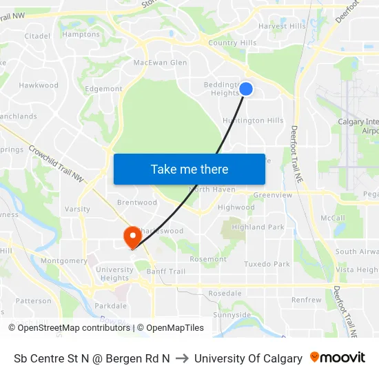 Sb Centre St N @ Bergen Rd N to University Of Calgary map