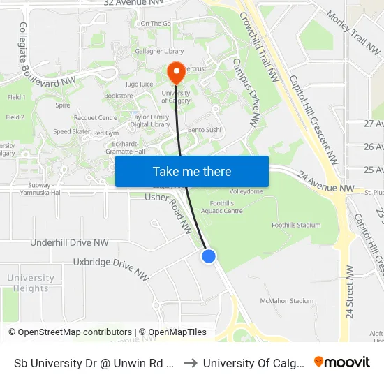 Sb University Dr @ Unwin Rd NW to University Of Calgary map